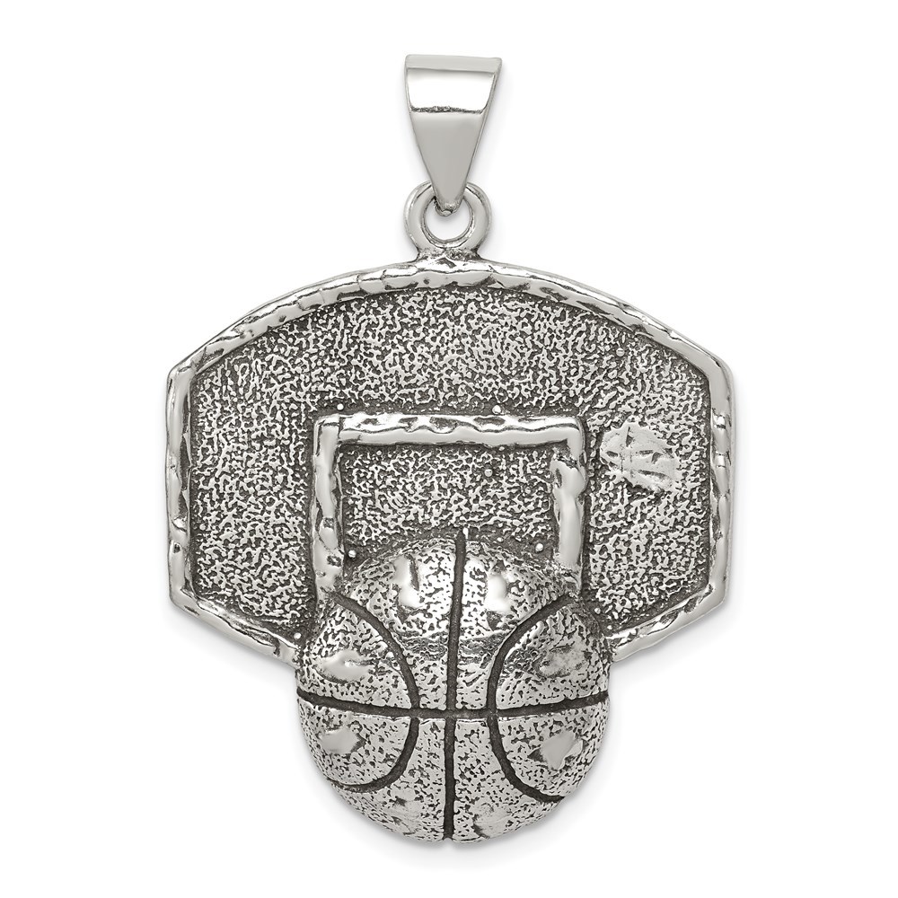 925 Sterling Silver Antiqued & Textured Basketball w Backboard Necklace Pendant